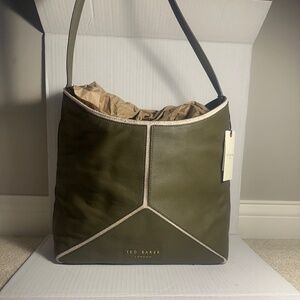 NWT TED BAKER London Olive Green Leather Tote Bag